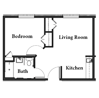 Assisted Living Suite C floor plan at Willow Brook in Delaware, Ohio, showing a one-bedroom suite with kitchen and living room.