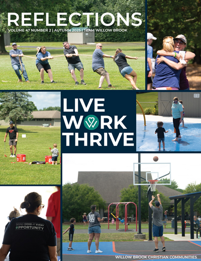 Cover of the Autumn 2025 Reflections newsletter, the Willow Brook publication highlighting the live, work, and thrive themes at this Delaware, Ohio senior living community.
