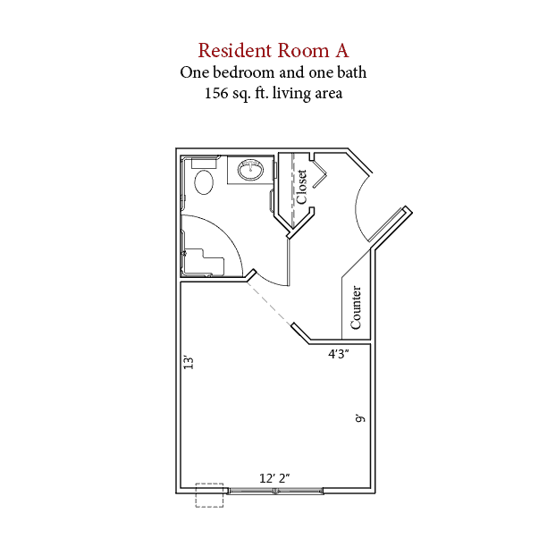 Centrum Resident Room A floor plan at Willow Brook in Delaware, Ohio, a 156-square-foot resident room layout.
