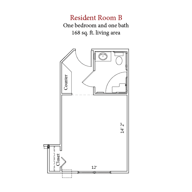 Centrum Resident Room B floor plan at Willow Brook in Delaware, Ohio, a 168-square-foot resident room layout.