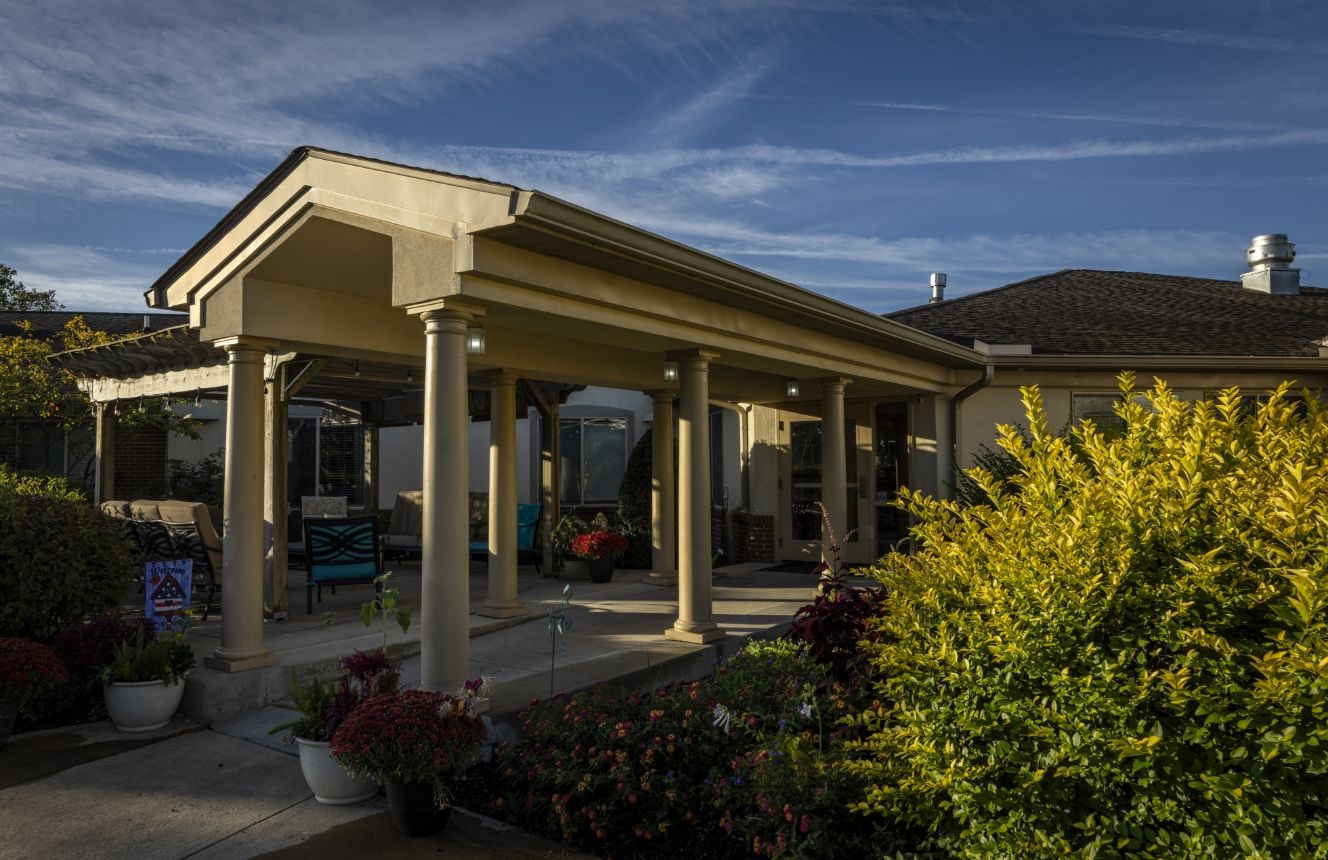 The covered entrance at Willow Brook Home in Columbus, Ohio, used in the contact page two-column section for this senior living community.