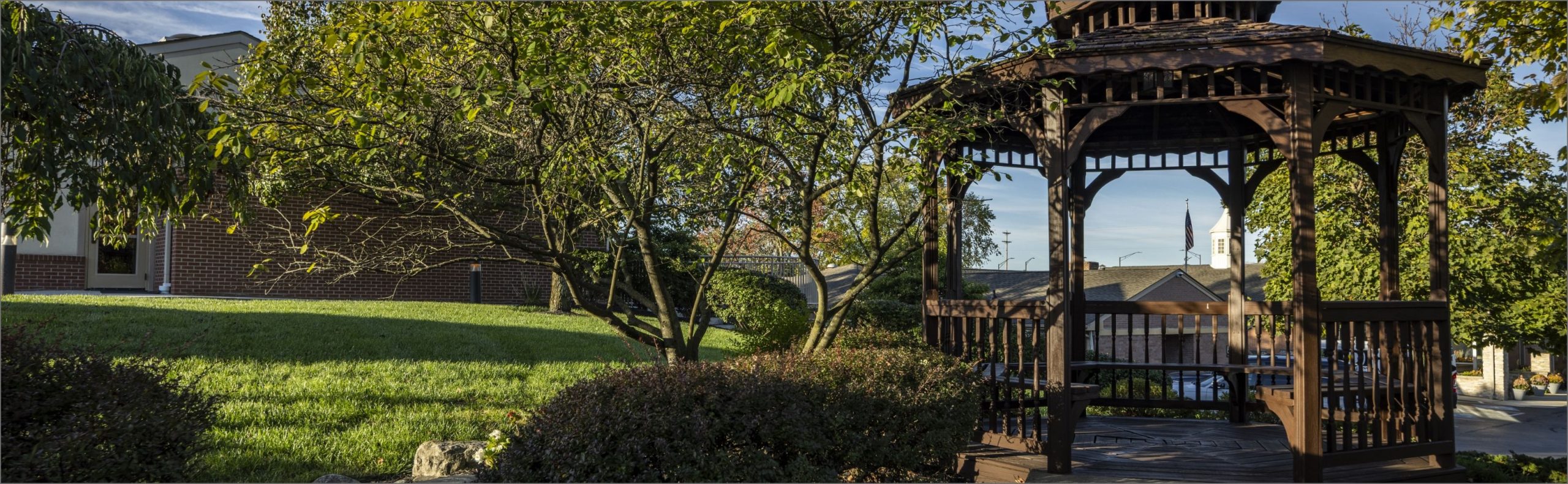 Desktop banner version of the Willow Brook Home gazebo in Columbus, Ohio, used as a homepage header for this senior community.