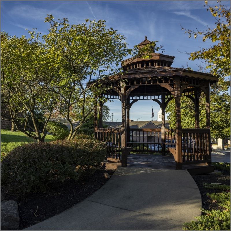 Garden gazebo on the Willow Brook Home campus in Columbus, Ohio, used as the mobile header for the Home location landing page.