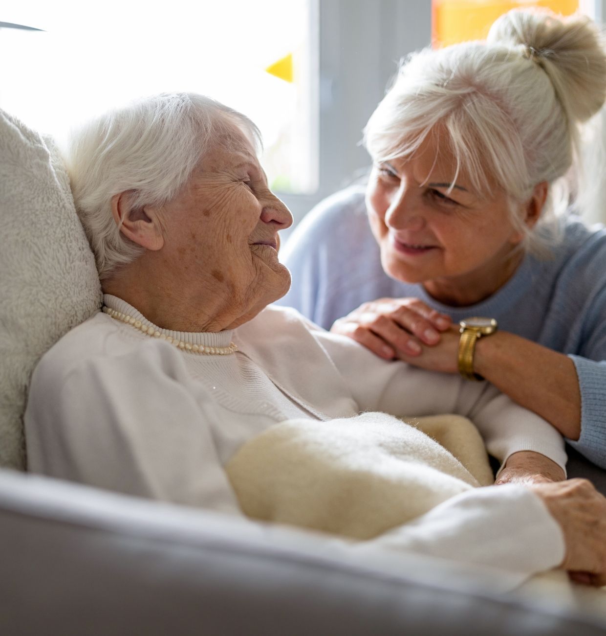 A tender long-term care moment at Willow Brook in Delaware, Ohio, featured in the long-term care lifestyle section of the home page.