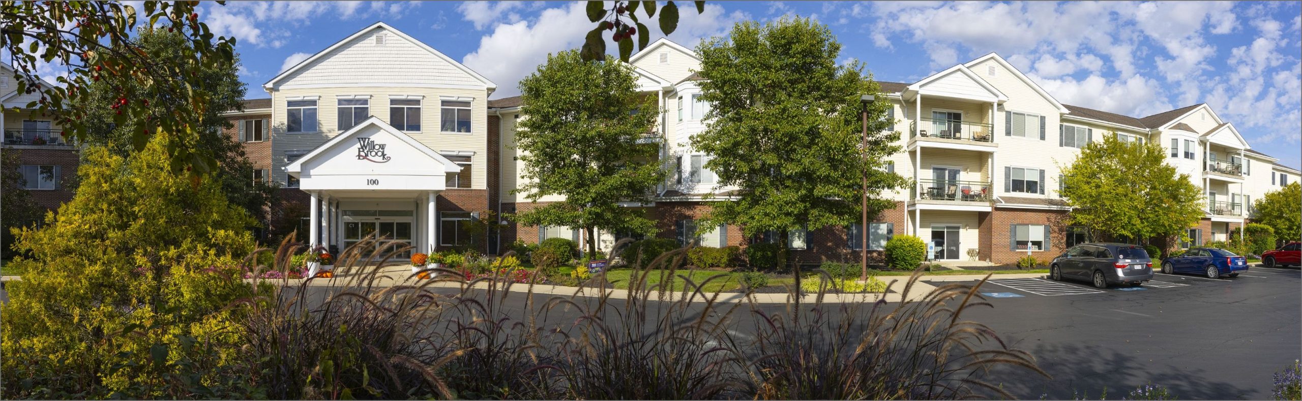 Wide desktop banner of Willow Brook Run in Delaware, Ohio, used as the landing page header for this senior living community.