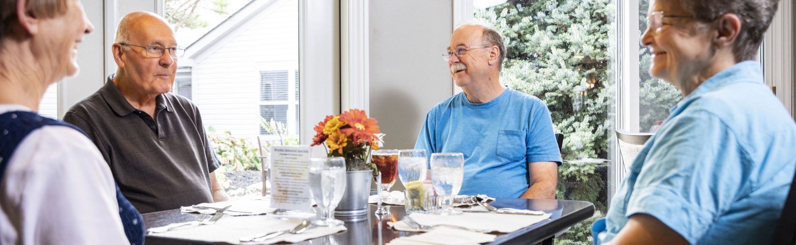 Wide desktop banner of friends sharing a meal at Willow Brook Village in Delaware, Ohio, used as the dining page header.