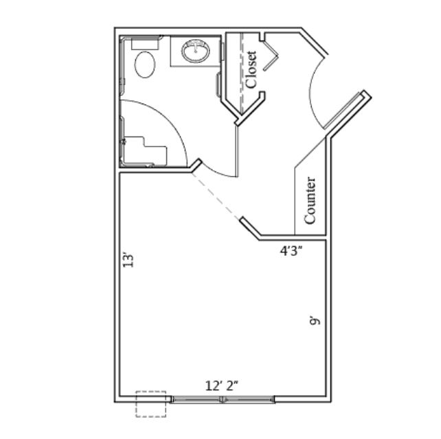 Centrum Room A floor plan at Willow Brook Village in Delaware, Ohio, a compact one-bedroom assisted living layout.