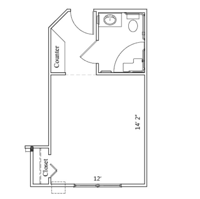 Centrum Room B floor plan at Willow Brook Village in Delaware, Ohio, a compact one-bedroom assisted living layout.