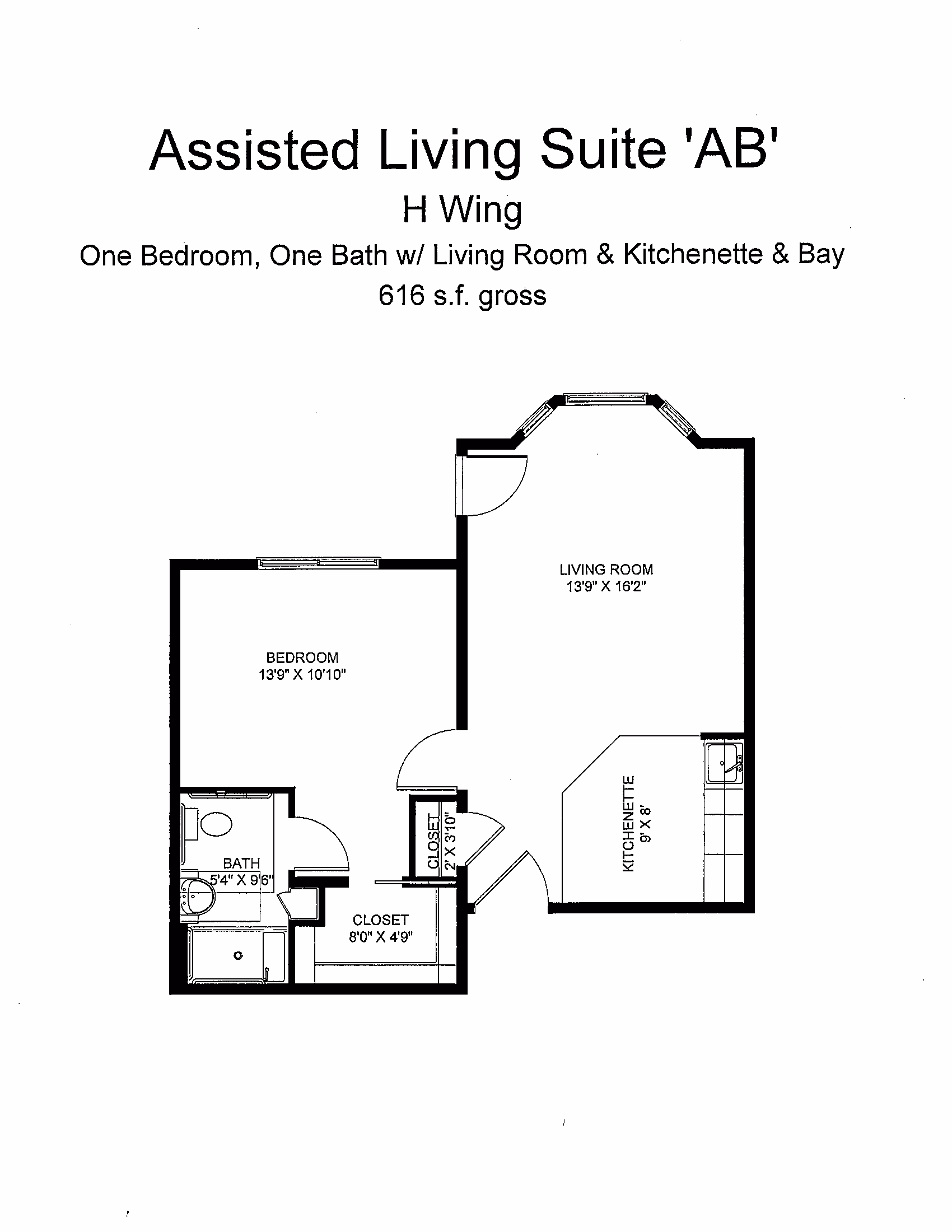 Assisted Living Suite AB floor plan at Willow Brook's H Wing — an 815-square-foot one-bedroom suite with kitchenette and bay window in Delaware, Ohio.