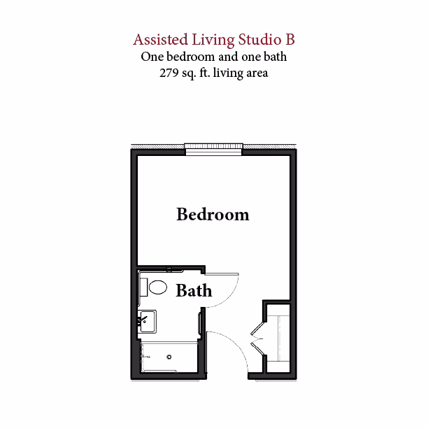 Assisted Living Studio B floor plan at Willow Brook in Delaware, Ohio, showing a 279-square-foot studio-style assisted living suite.