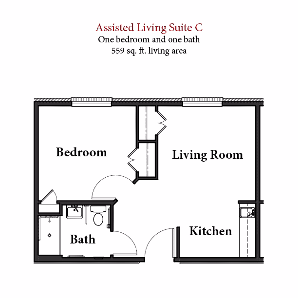 Assisted Living Suite C floor plan at Willow Brook in Delaware, Ohio, showing a 559-square-foot one-bedroom assisted living layout.