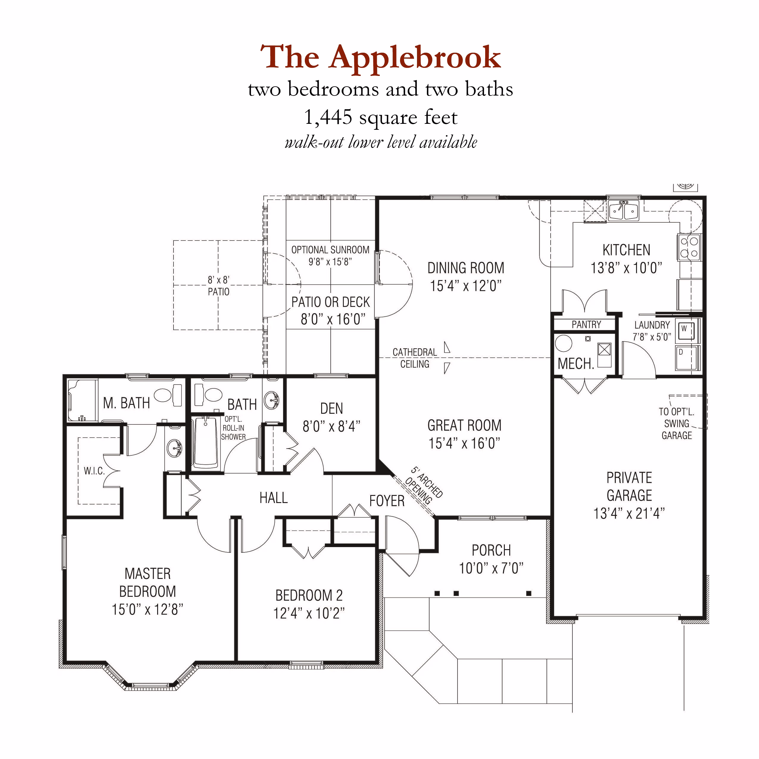 Architectural floor plan for the Applebrook two-bedroom, two-bath independent living residence at Willow Brook, a 1,465-square-foot option in Delaware, Ohio.