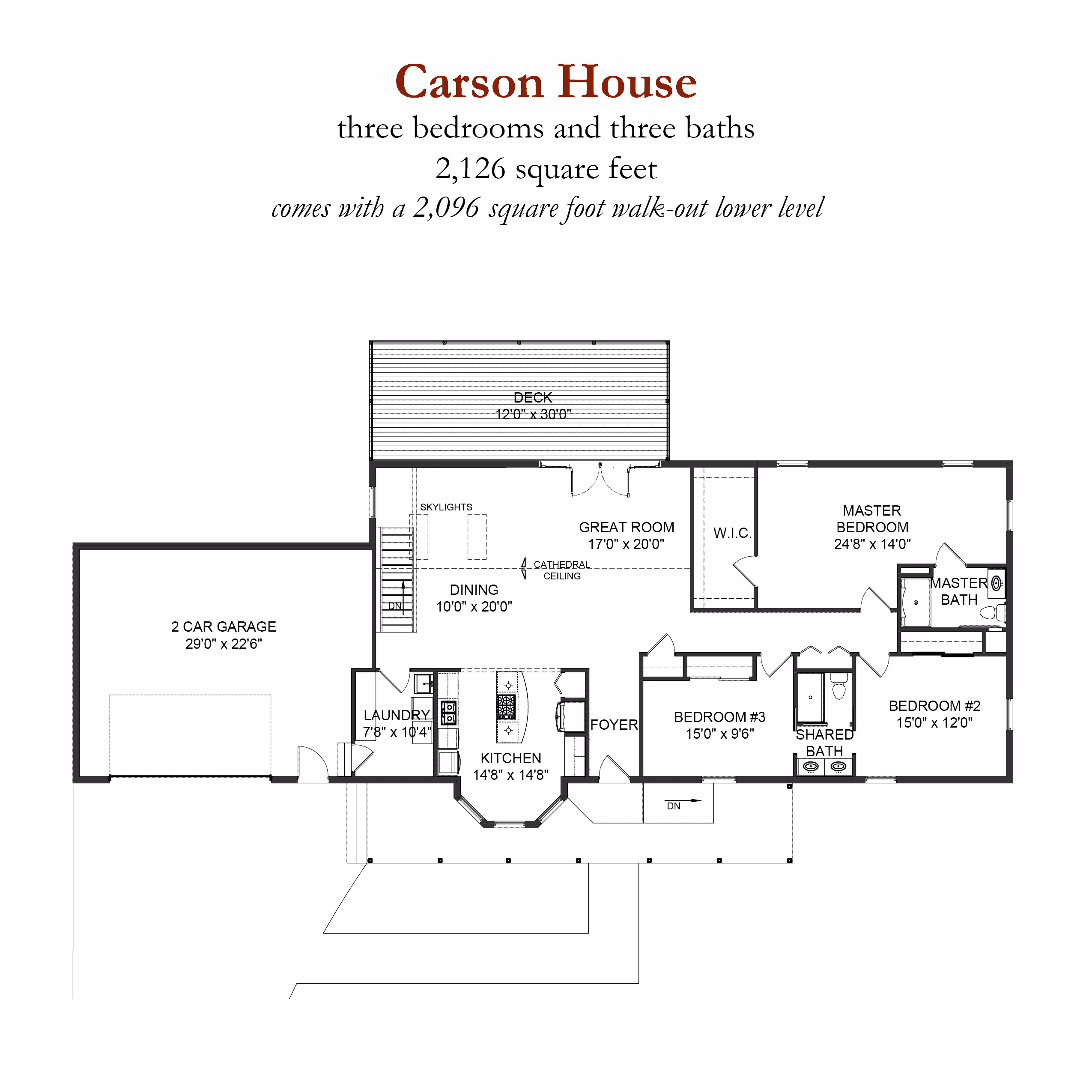 Architectural floor plan for the Carson House three-bedroom, three-bath independent living residence at Willow Brook, a 2,126-square-foot option in Delaware, Ohio.