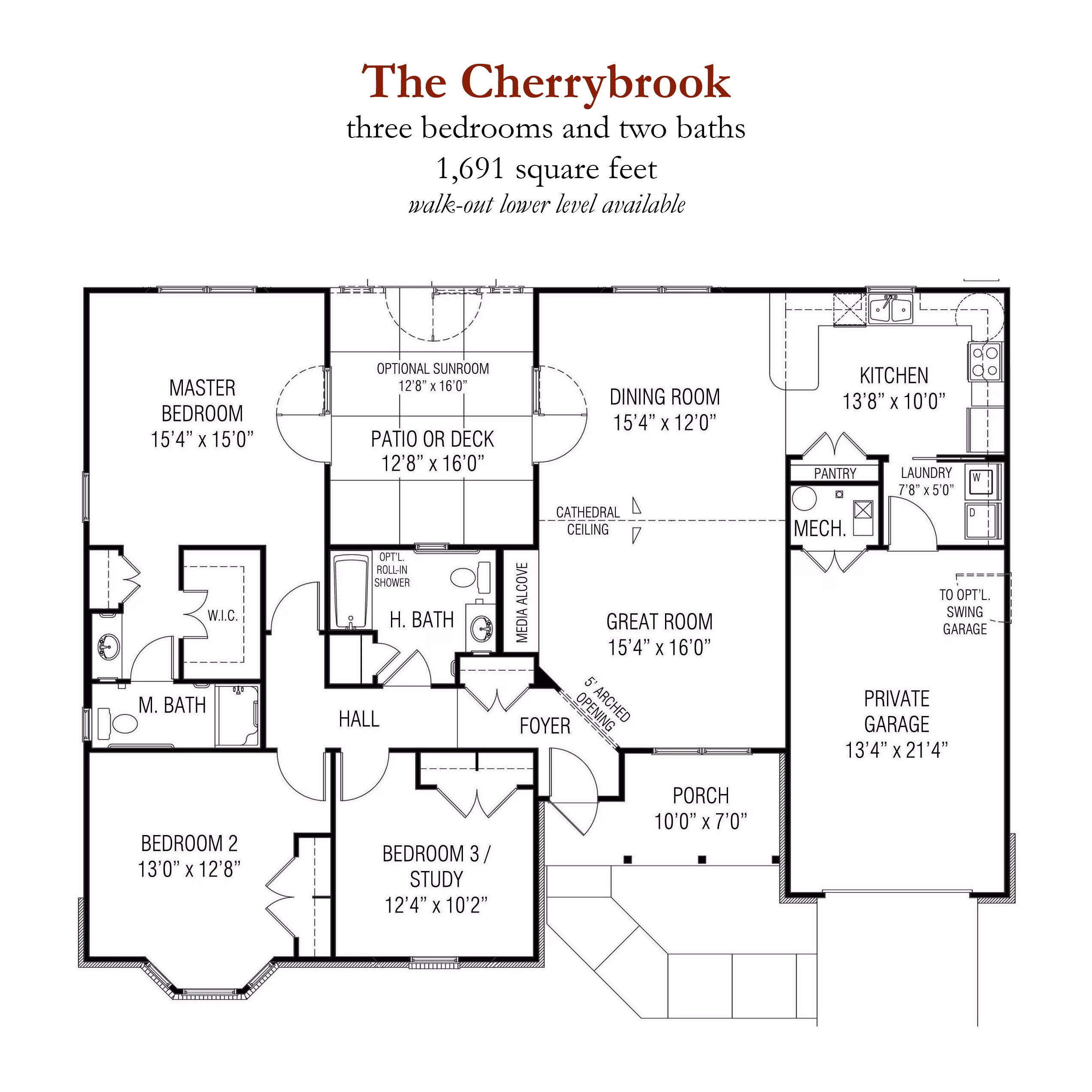Architectural floor plan for the Cherrybrook three-bedroom, two-bath independent living residence at Willow Brook, a 1,694-square-foot option in Delaware, Ohio.
