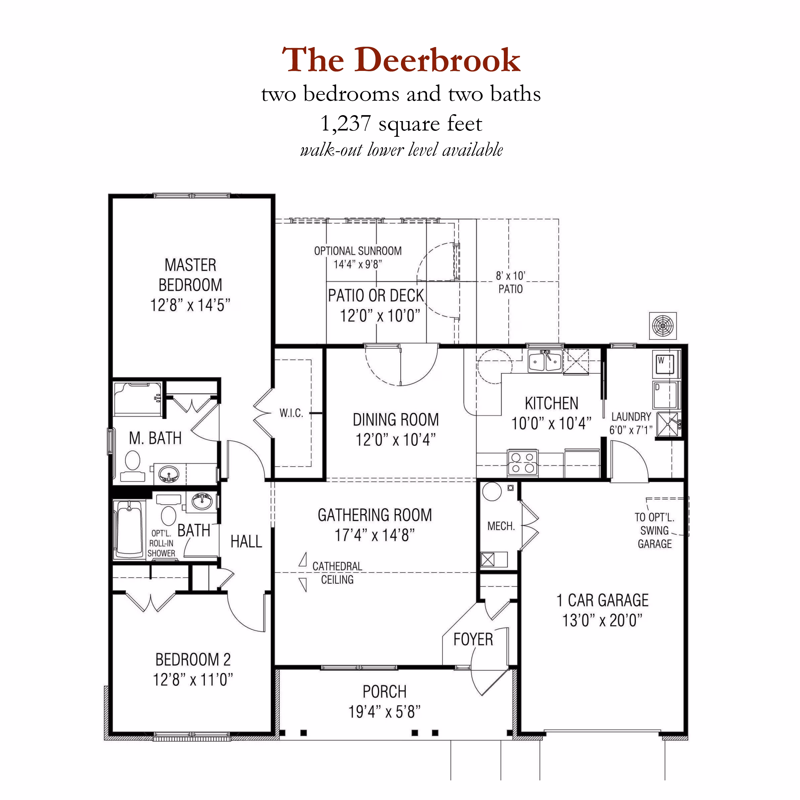 Architectural floor plan for the Deerbrook two-bedroom, two-bath independent living residence at Willow Brook, a 1,237-square-foot option in Delaware, Ohio.