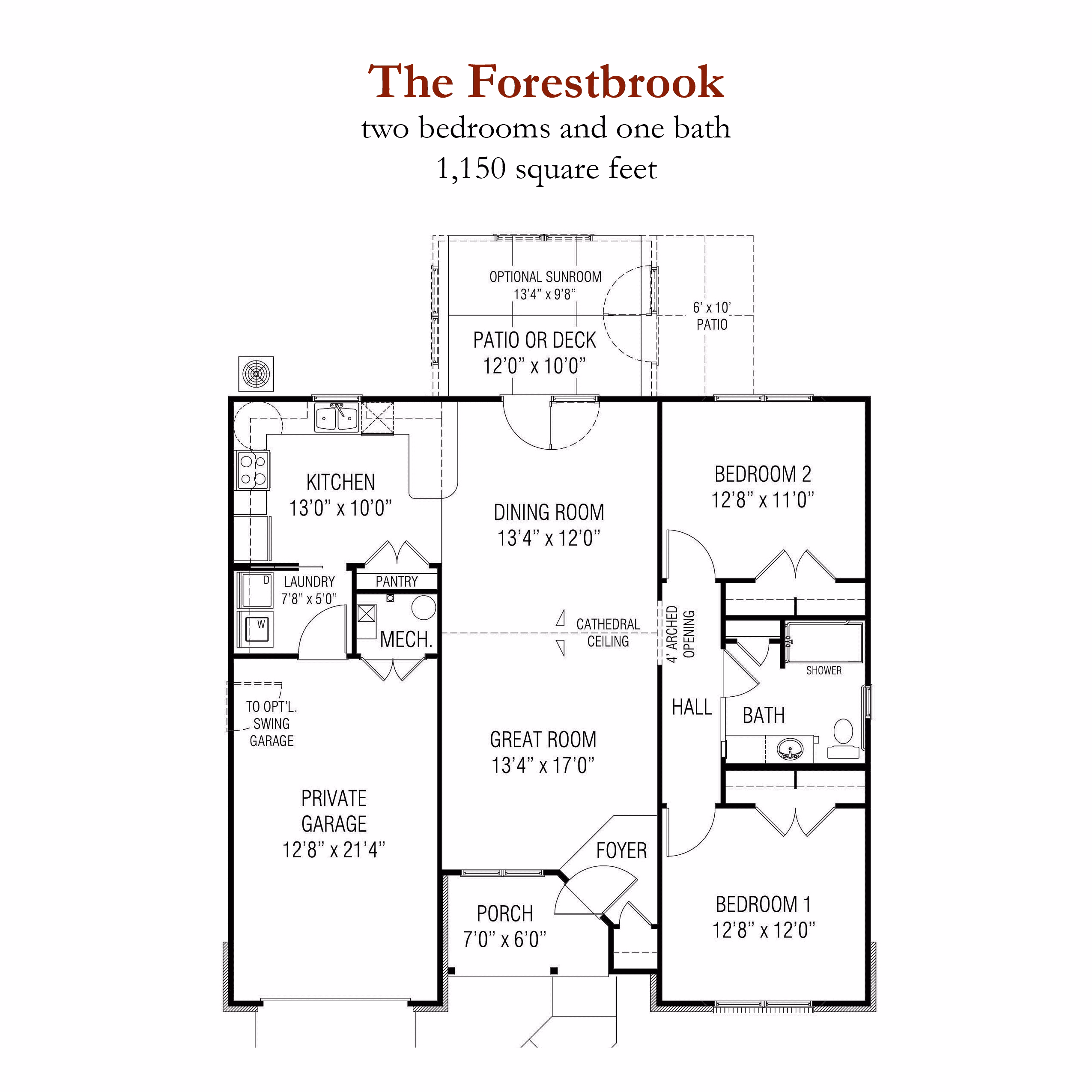 Architectural floor plan for the Forestbrook two-bedroom, one-bath independent living residence at Willow Brook, a 1,150-square-foot option in Delaware, Ohio.