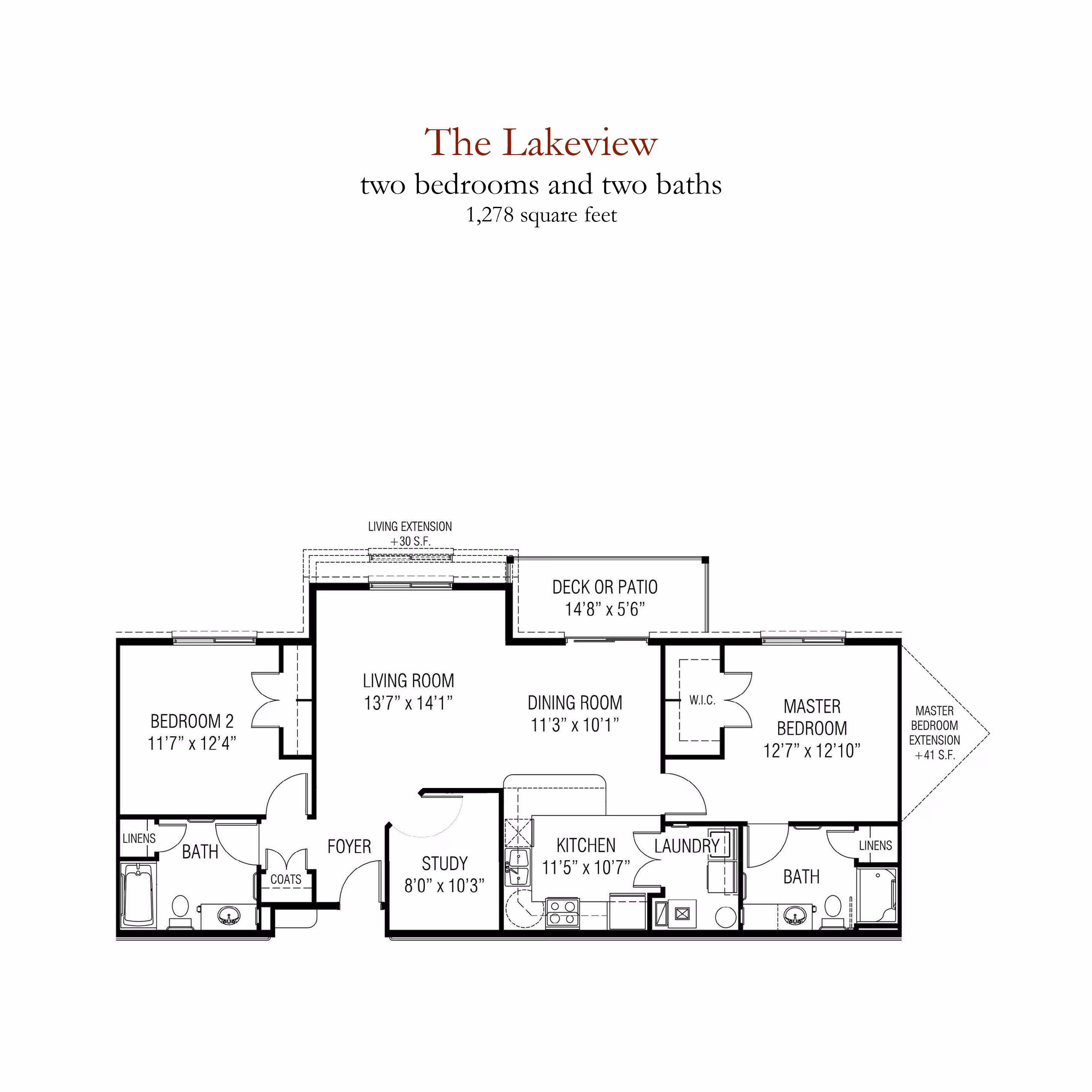 Architectural floor plan for the Lakeview two-bedroom, two-bath independent living residence at Willow Brook, a 1,279-square-foot option in Delaware, Ohio.