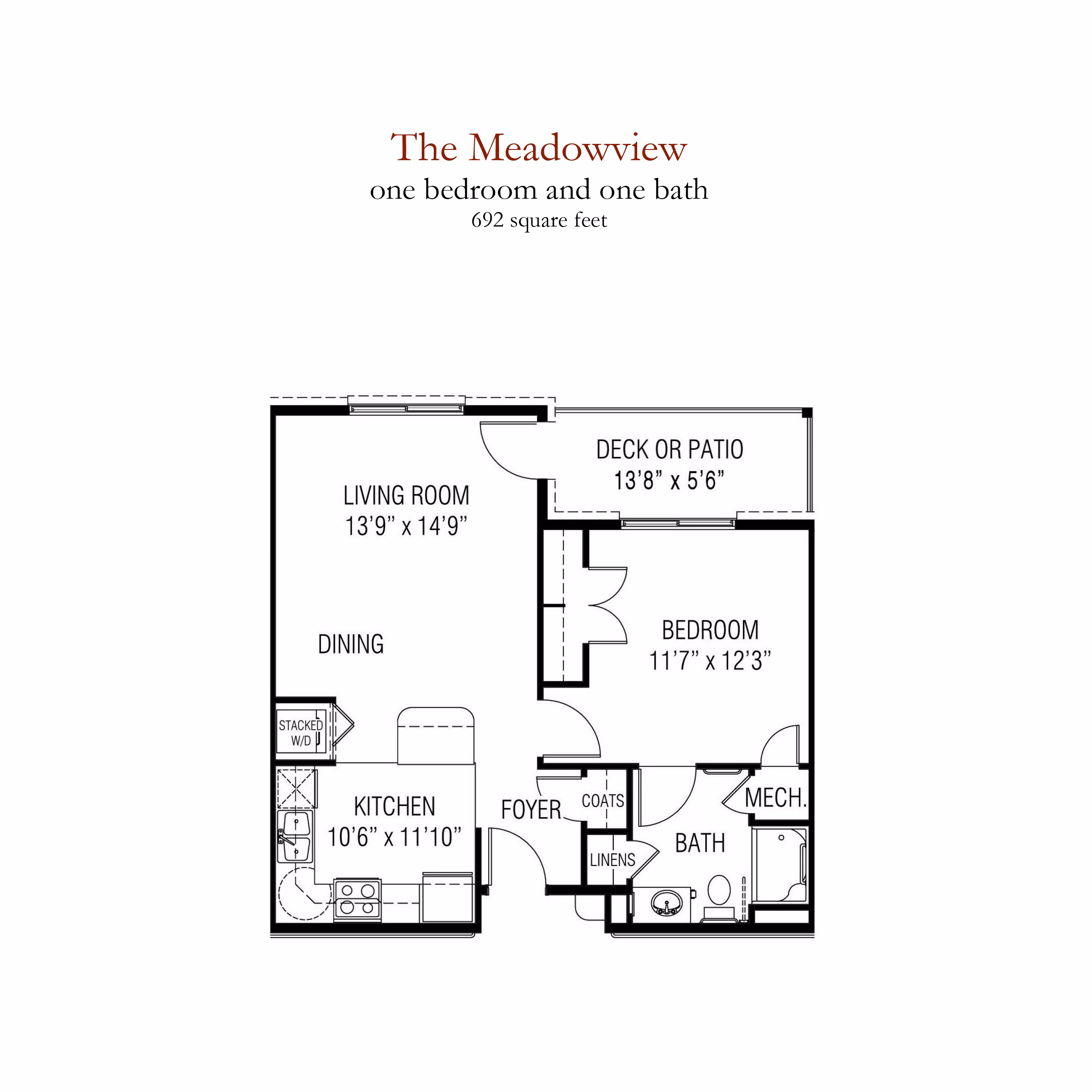 Architectural floor plan for the Meadowview one-bedroom, one-bath independent living residence at Willow Brook, a 992-square-foot option in Delaware, Ohio.