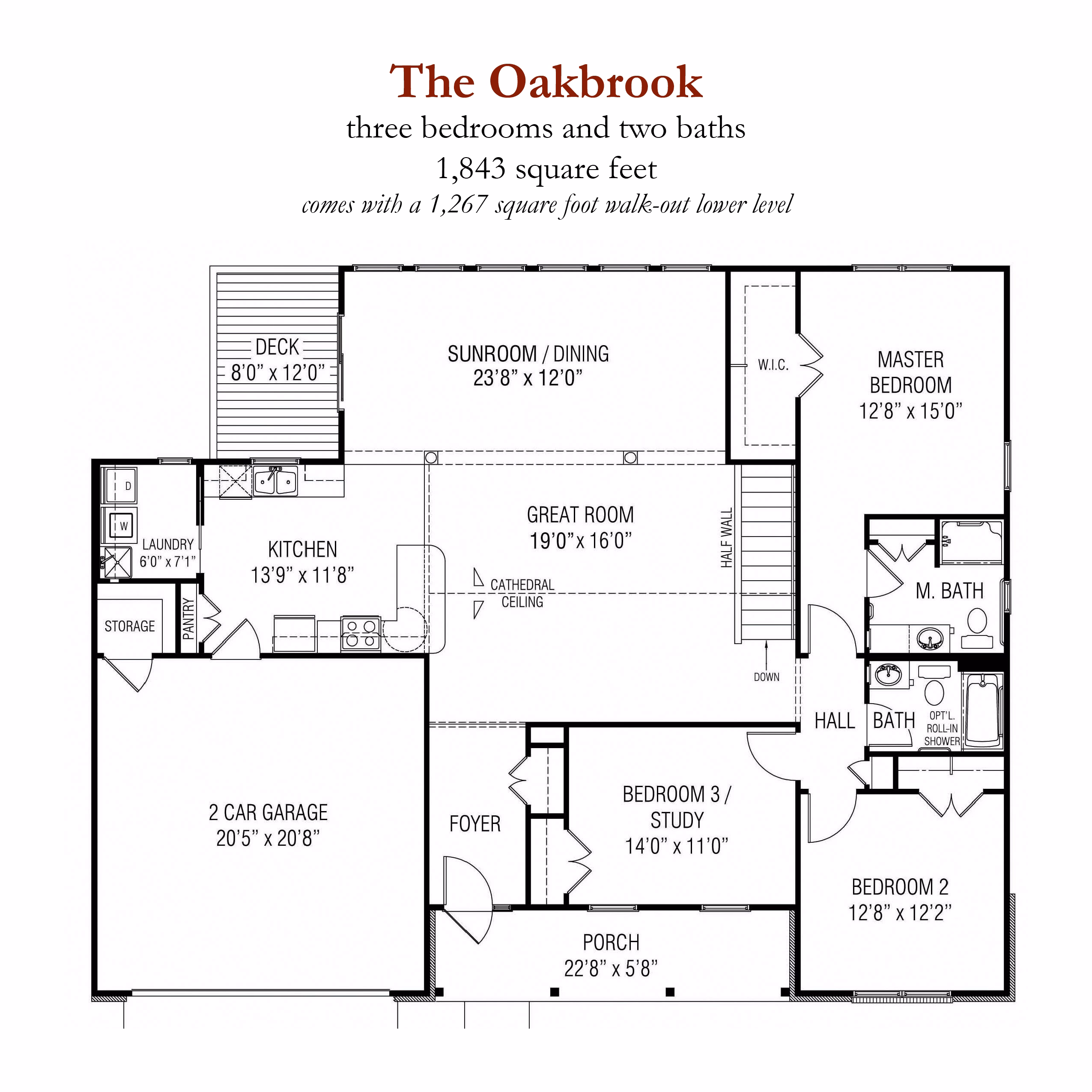 Architectural floor plan for the Oakbrook three-bedroom, two-bath independent living residence at Willow Brook, a 1,843-square-foot option in Delaware, Ohio.