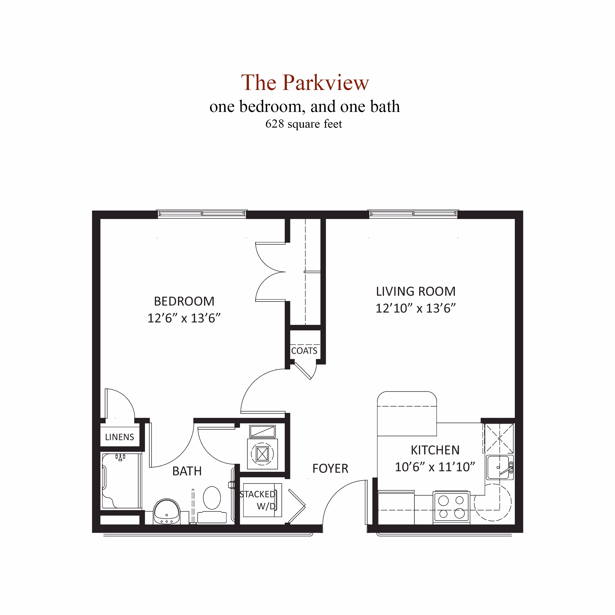 Architectural floor plan for the Parkview one-bedroom independent living residence at Willow Brook in Delaware, Ohio.