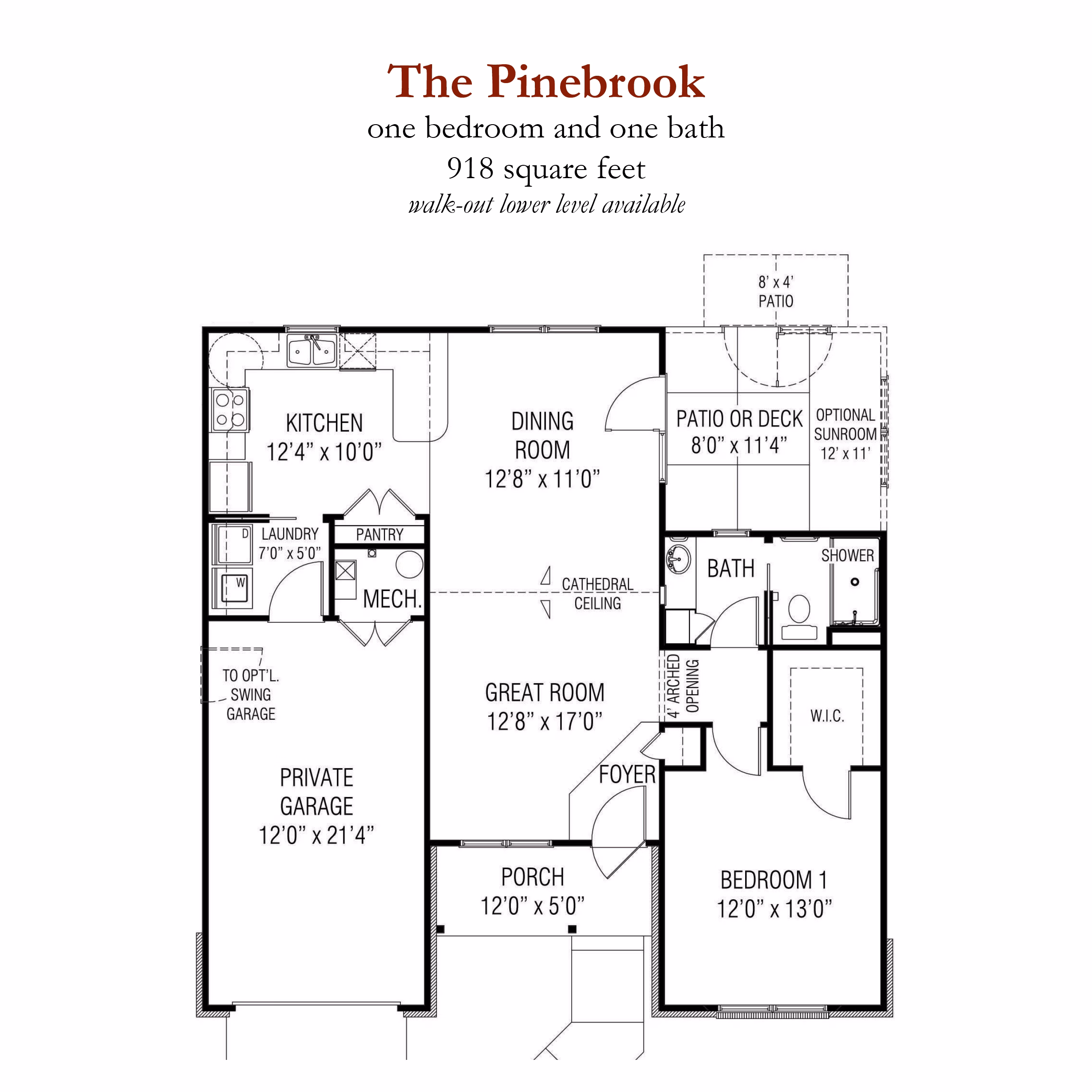 Architectural floor plan for the Pinebrook one-bedroom, one-bath independent living residence at Willow Brook, a 918-square-foot option in Delaware, Ohio.