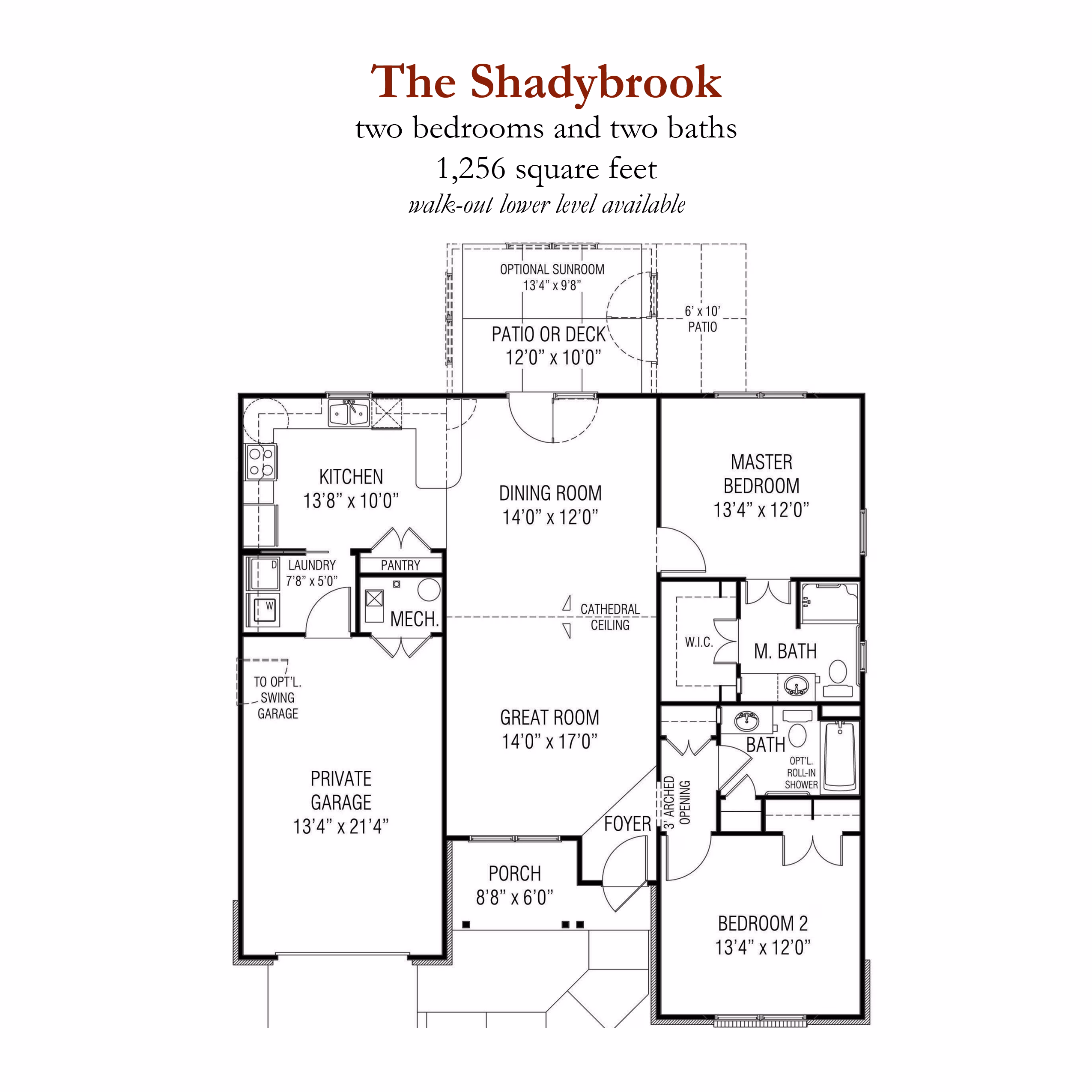 Architectural floor plan for the Shadybrook two-bedroom, two-bath independent living residence at Willow Brook, a 1,256-square-foot option in Delaware, Ohio.