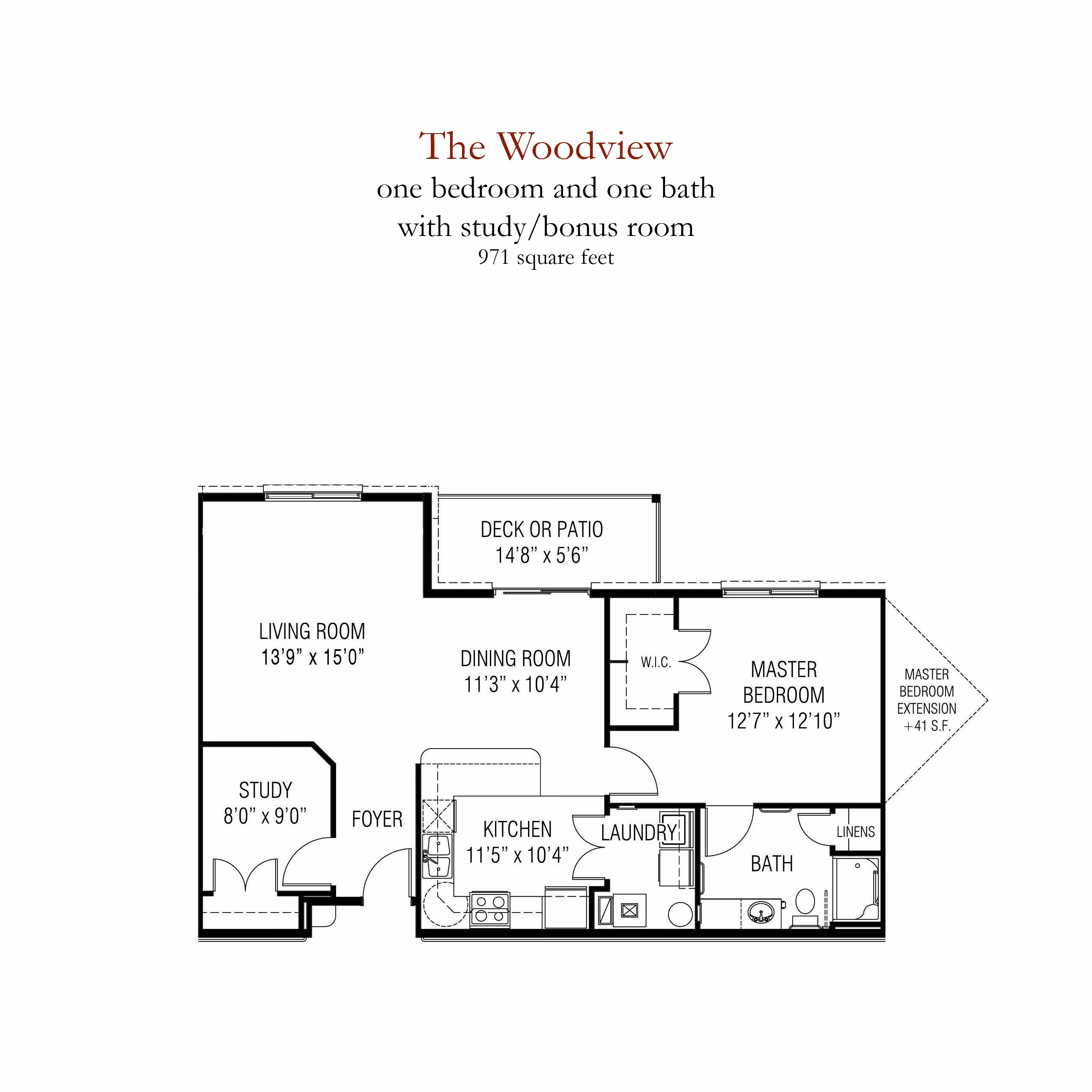 Architectural floor plan for the Woodview one-bedroom independent living residence at Willow Brook with optional study, available in Delaware, Ohio.